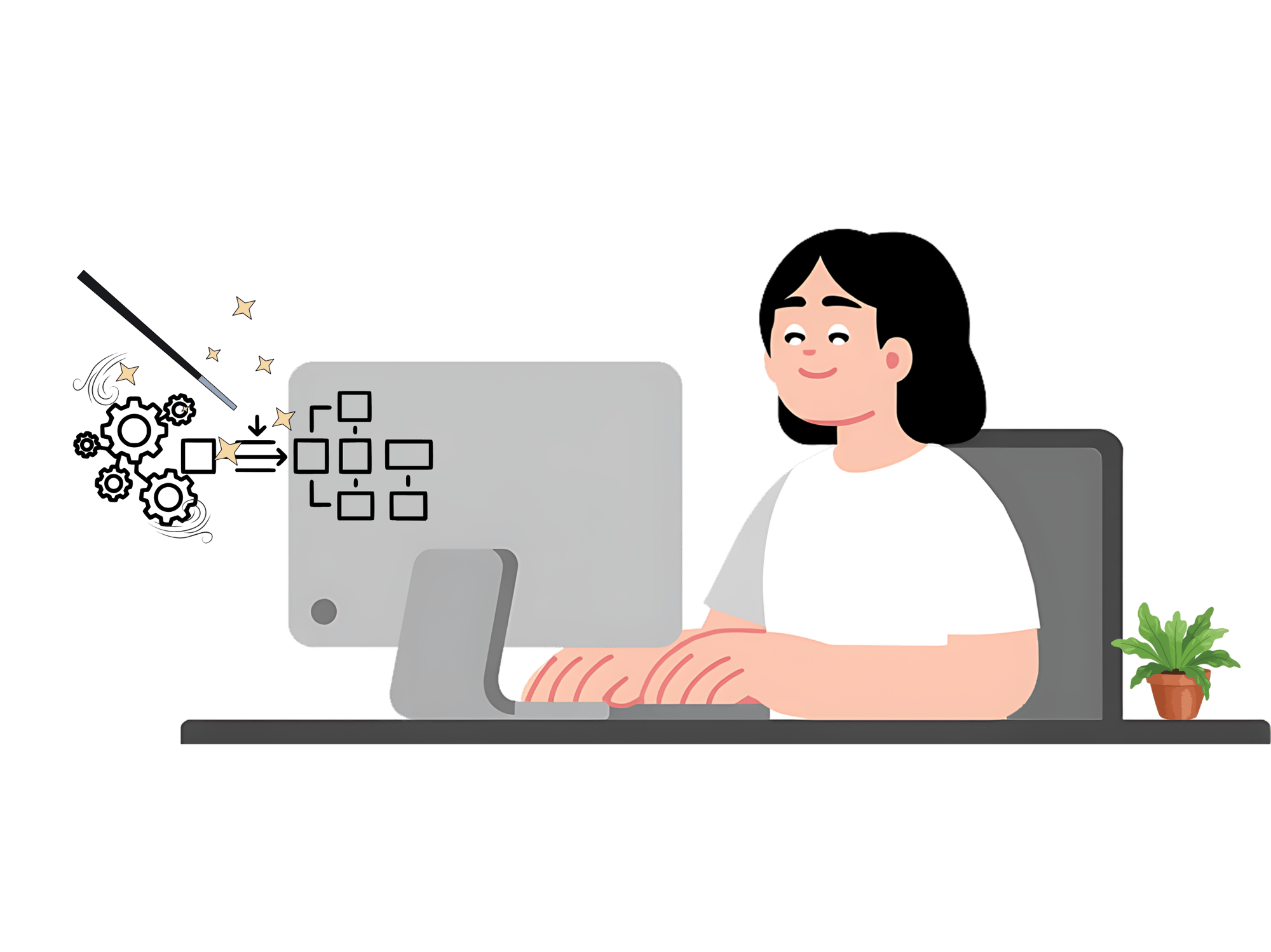 Woman sitting at a computer showing a magic wand organizing workflow gears into the computer