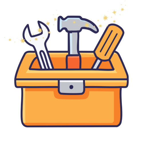 cartoon image of a toolkit with a wrench, hammer and screwdriver with a sparkle flare accross the tools